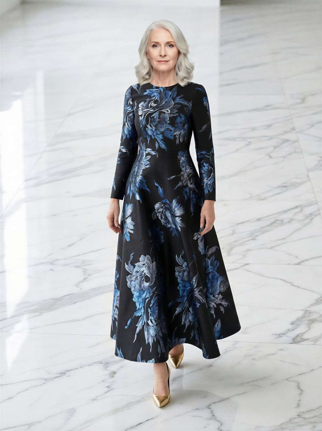 The dark blue jacquard formal mum dress-0