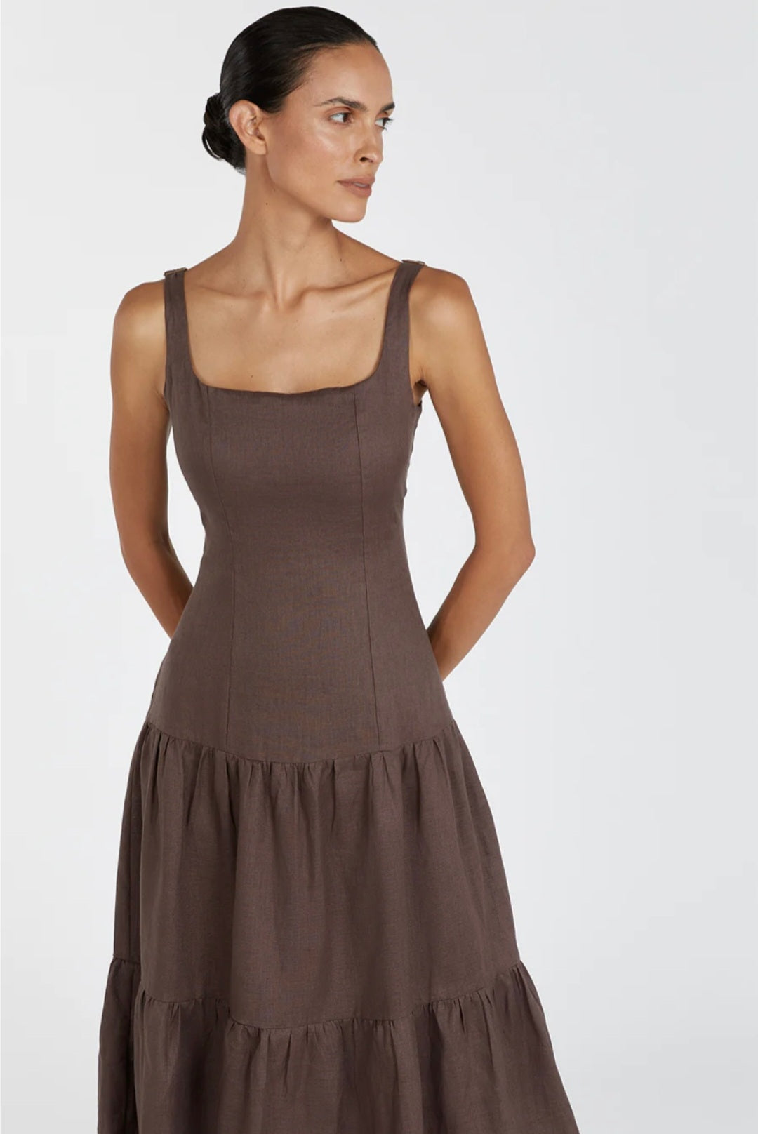Brown Linen Tiered Dress (syncee)-1