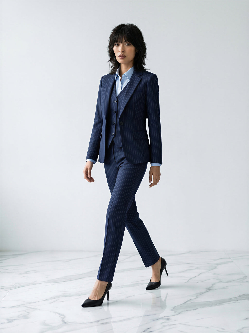 Navy blue stripped 3-piece pants suits (UK size 12)-0