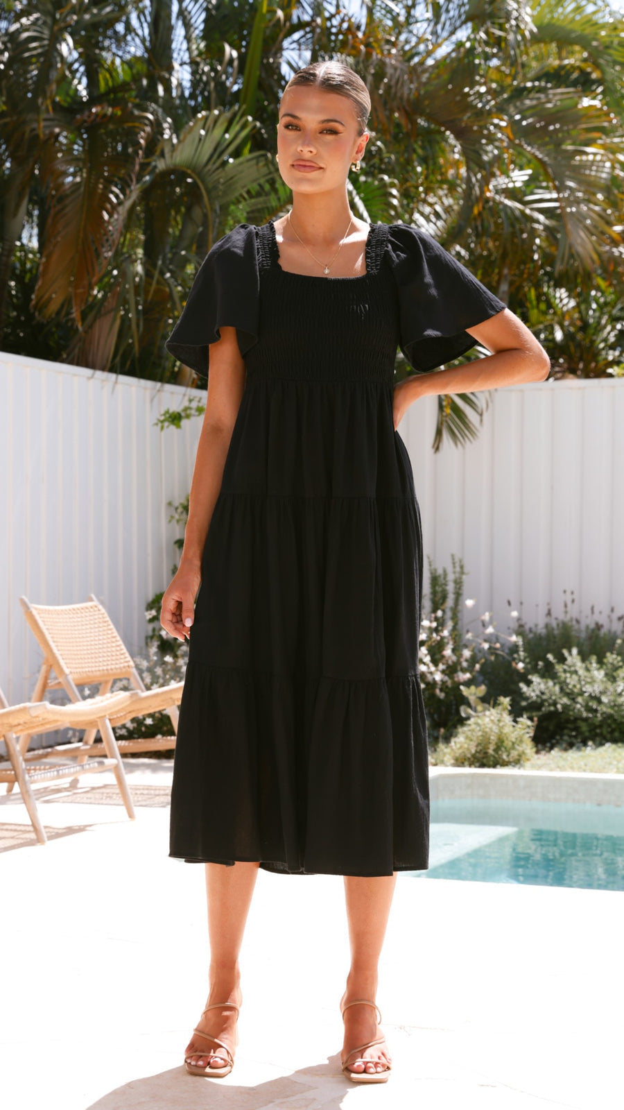 Black Linen Smocked Midi Dress with Flutter Sleeves (syncee)-4