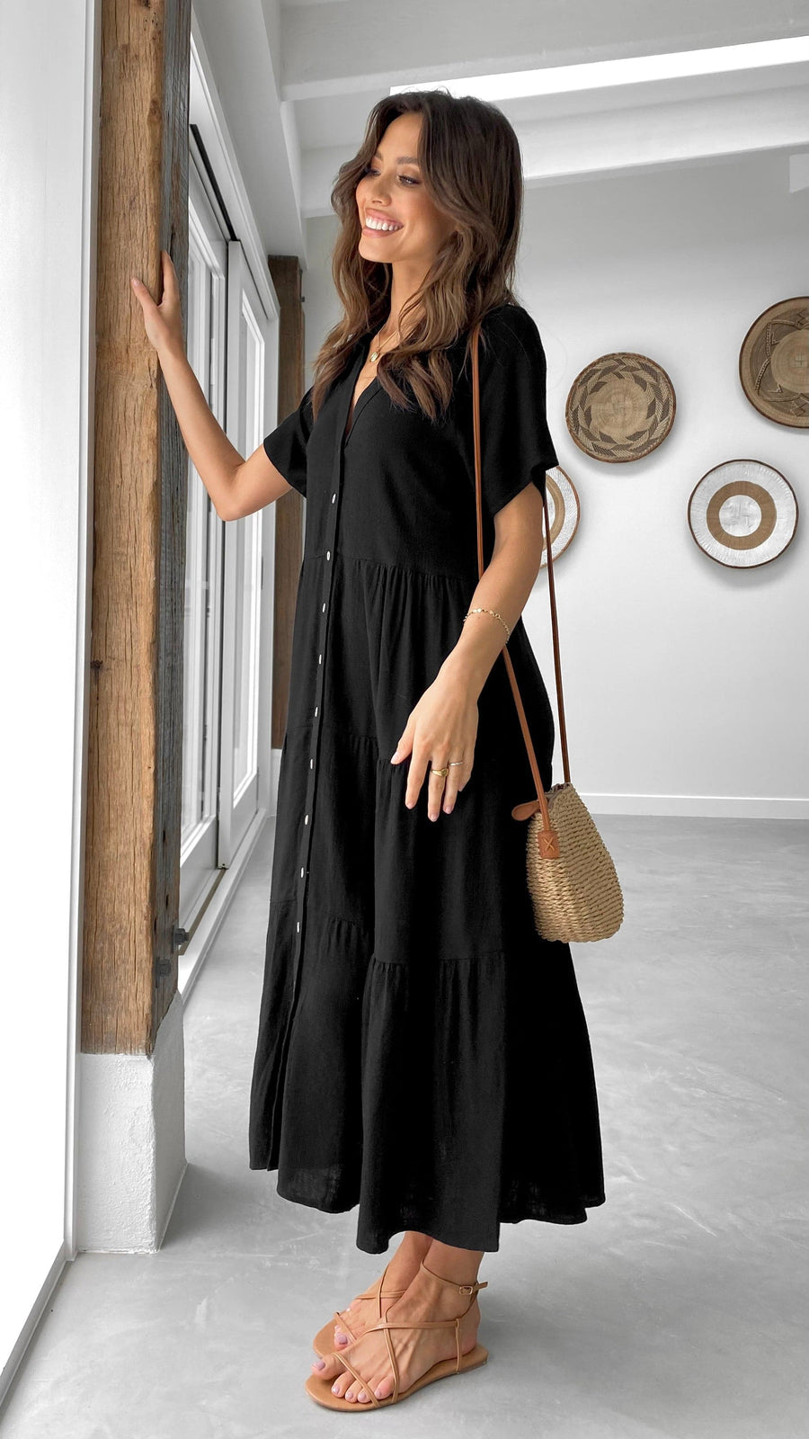 Black Linen Button-Down Midi Dress (syncee)-2
