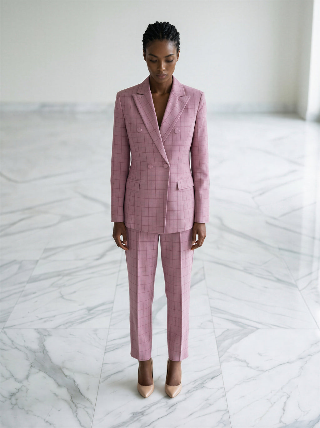 Double breasted plaid pink 2-piece pantsuit-1