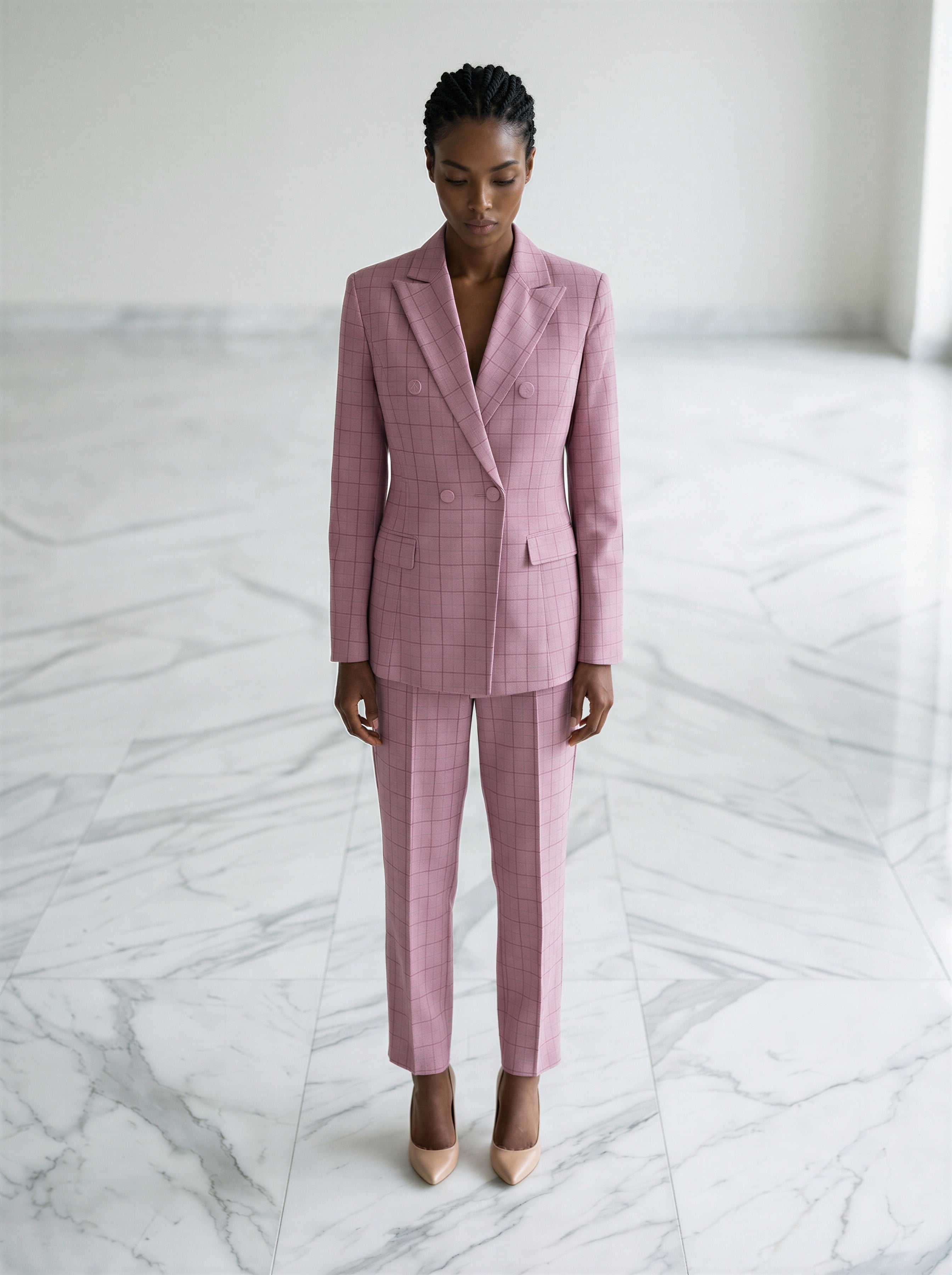 Double breasted plaid pink 2-piece pantsuit-1
