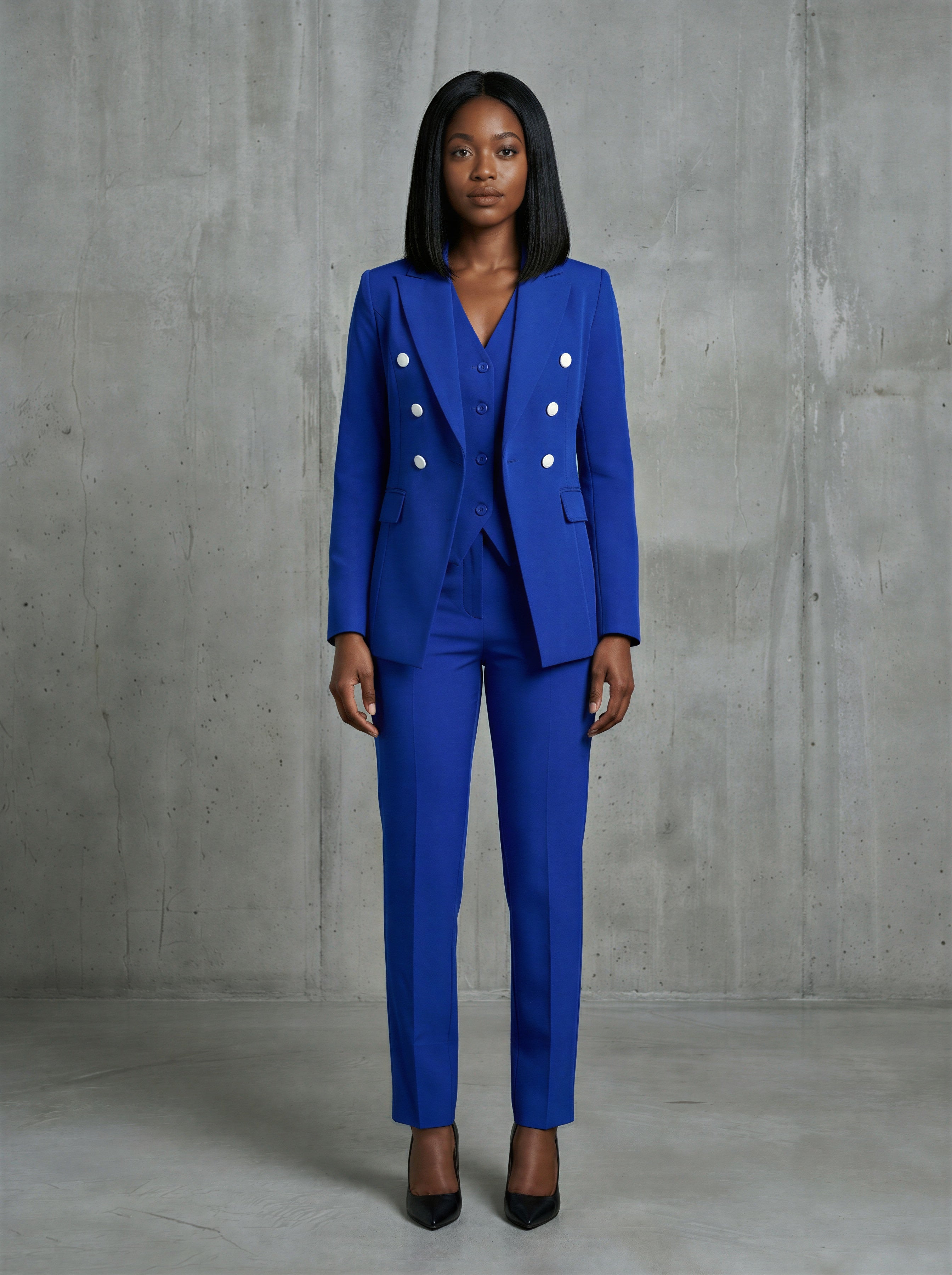 The royal-contrast double breasted 3-piece pantsuit (UK size 8)-0