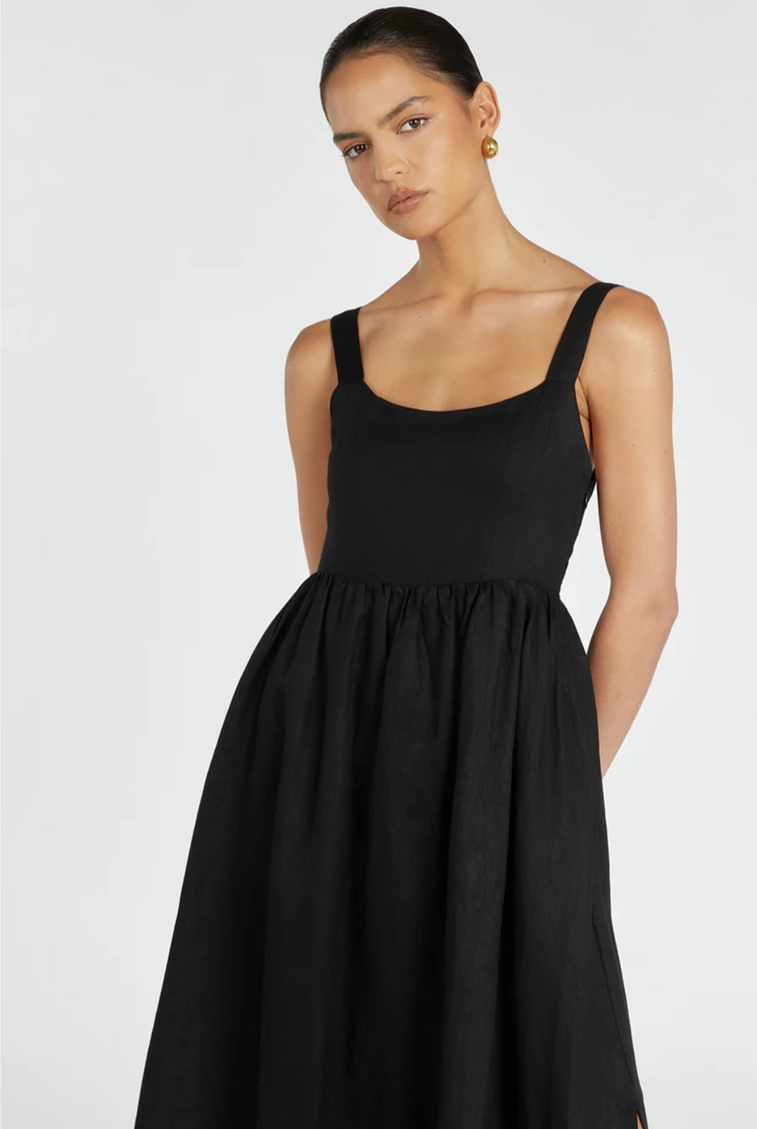 Black Linen Dress with Straps (syncee)-1