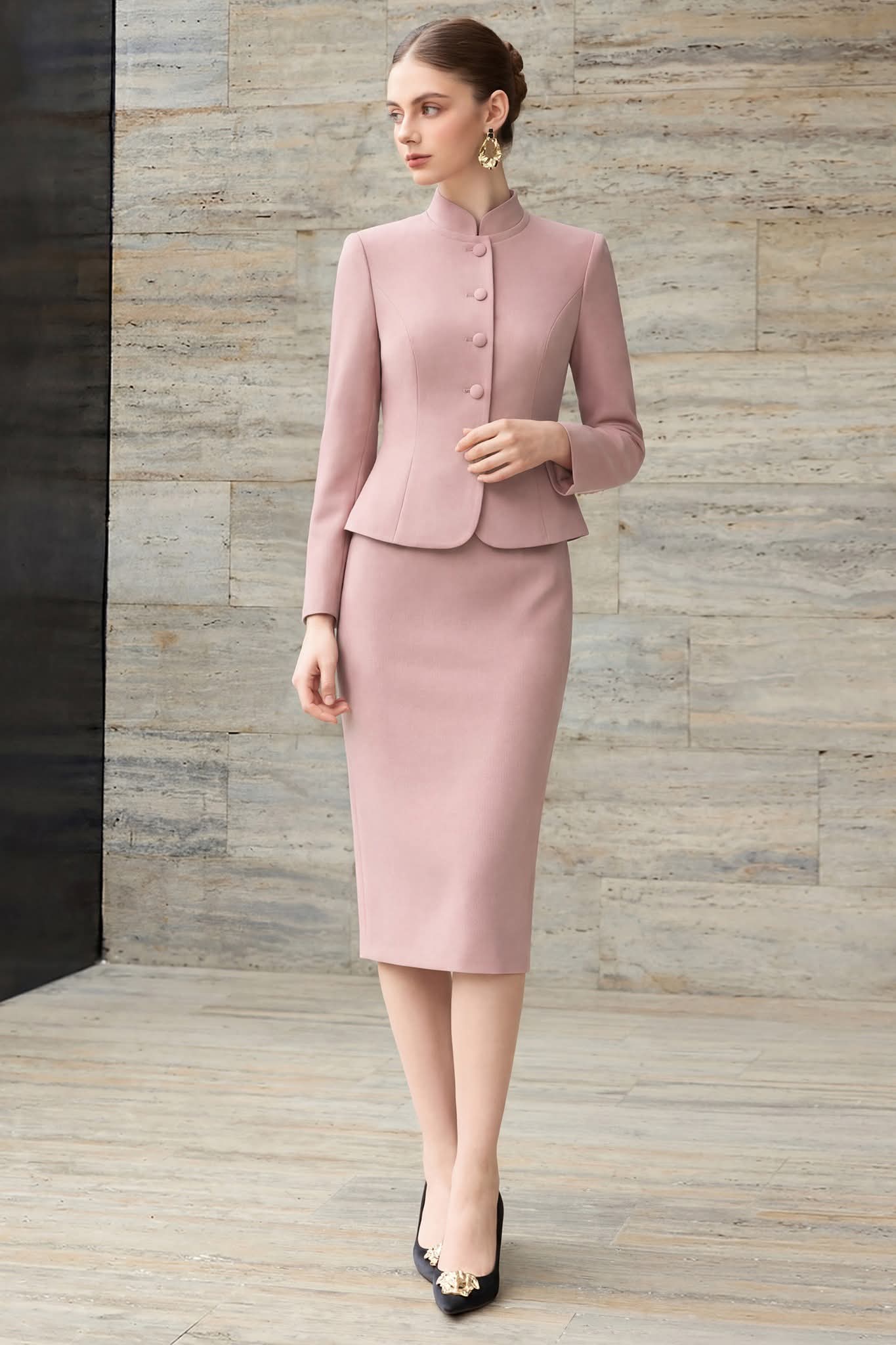 The mandarin collar dress suit in soft pink-1