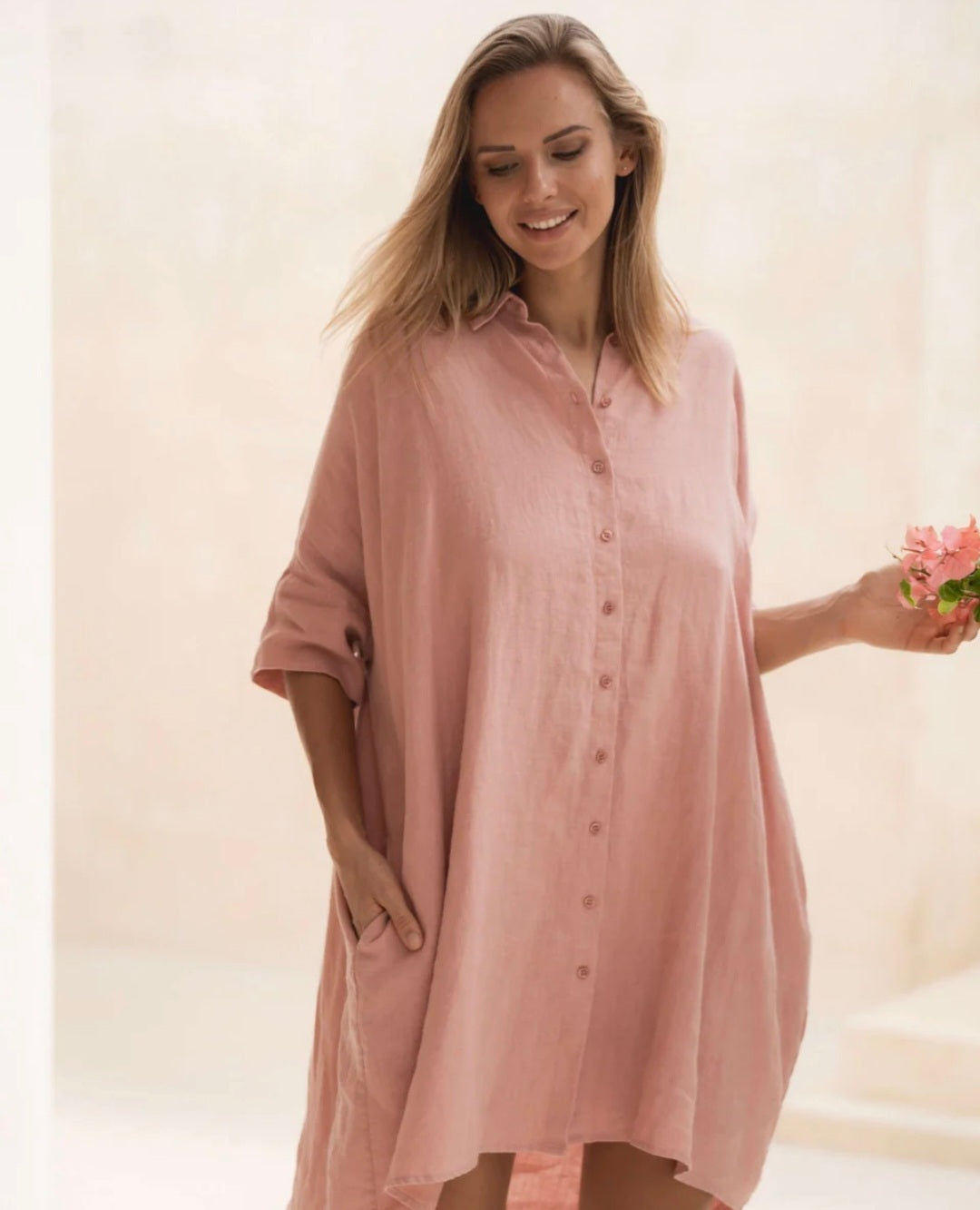Peach Linen Asymmetric Dress-0