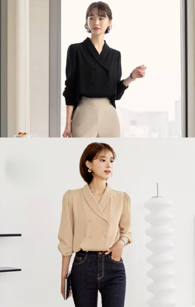 Shawl Collar Double-Breasted Formal Top with Puffed Sleeves-1