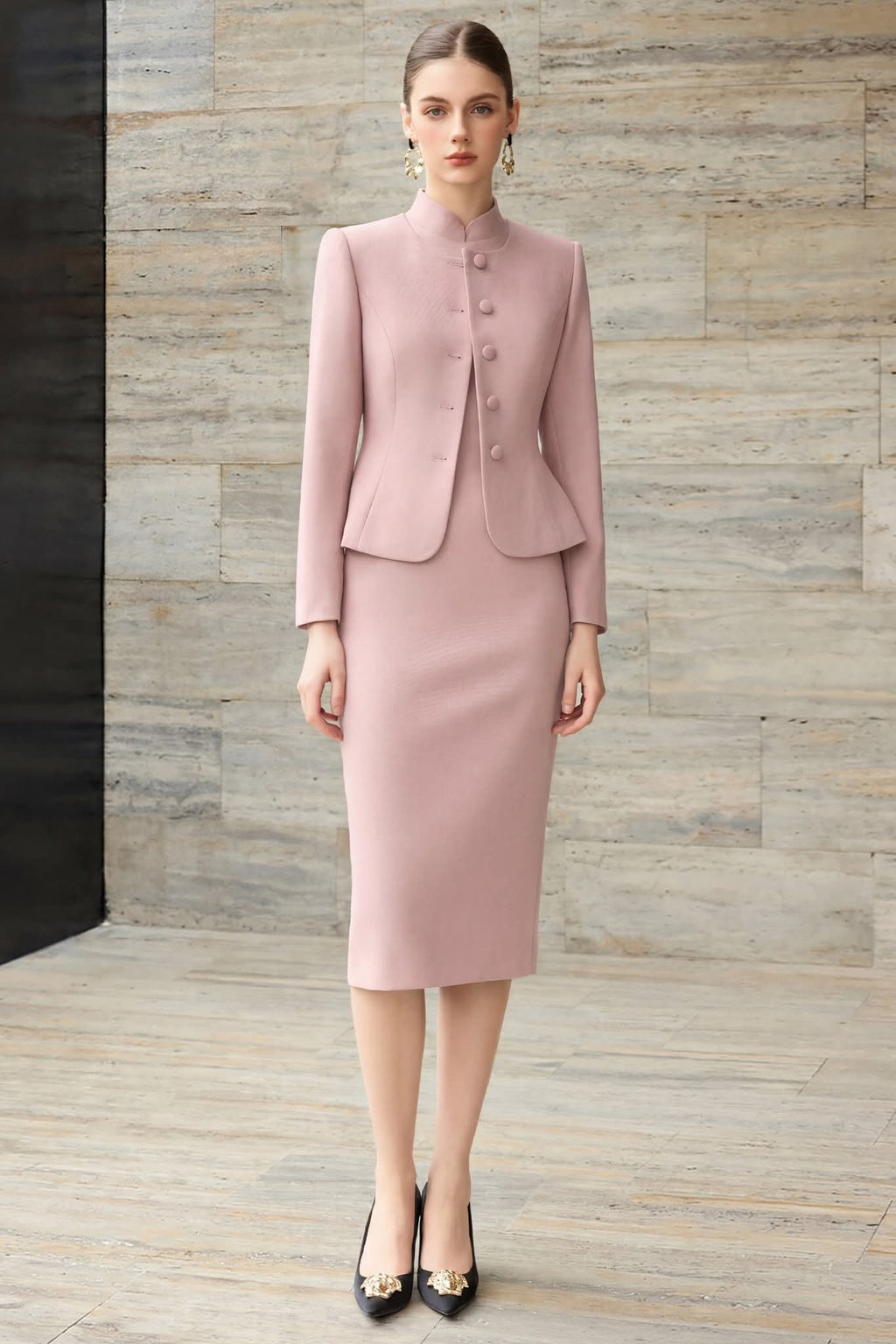 The mandarin collar dress suit in soft pink-0