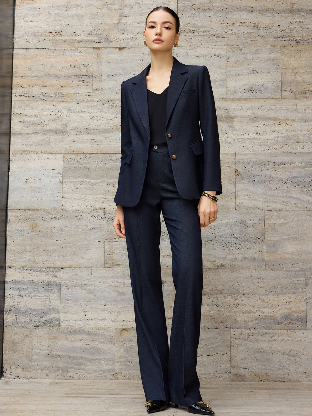 Navy wide-leg pantsuit - metallic buttons-0