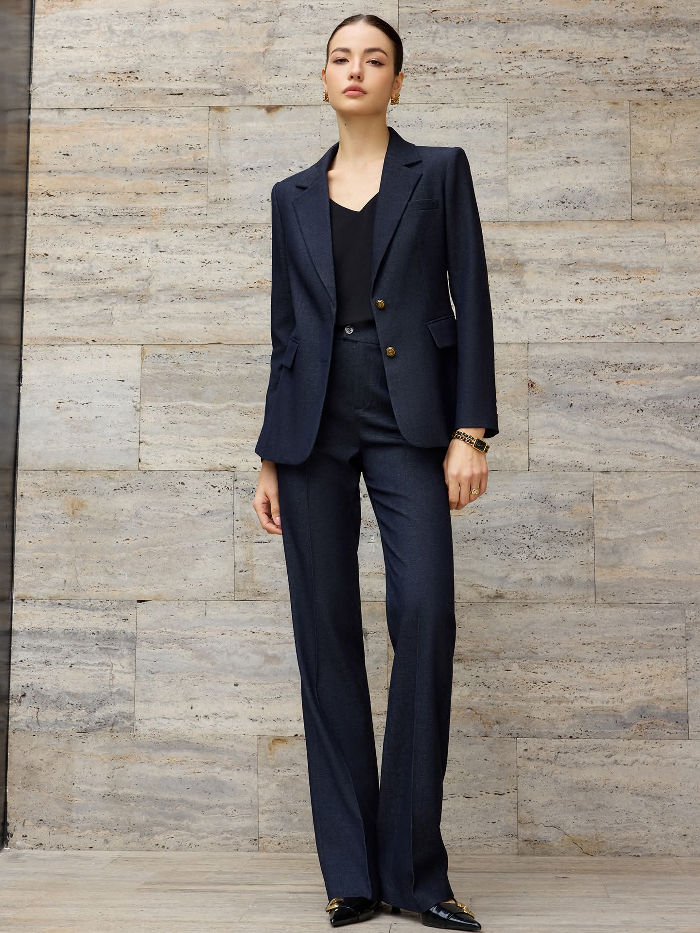 Navy wide-leg pantsuit - metallic buttons-0