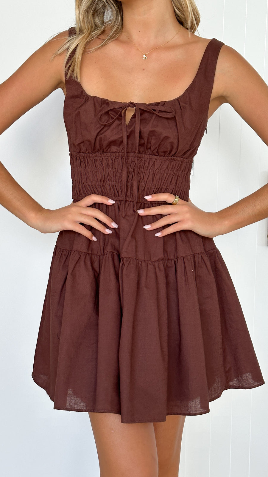 Verona Linen Smocked Tiered Mini Dress (syncee)-0