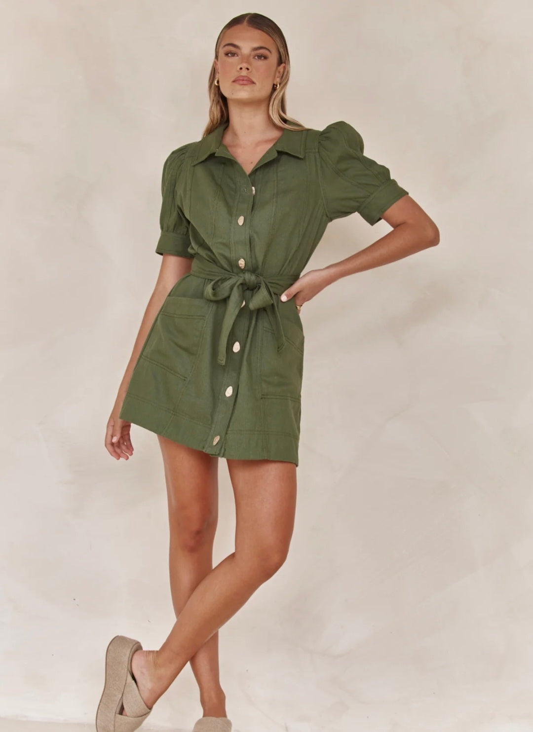 Shirt Style Linen Dress with Tie-Ups-4