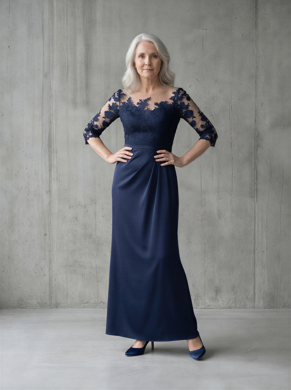 Navy blue maxi pleated waistline mermaid mother of the bride/groom maxi dress-0