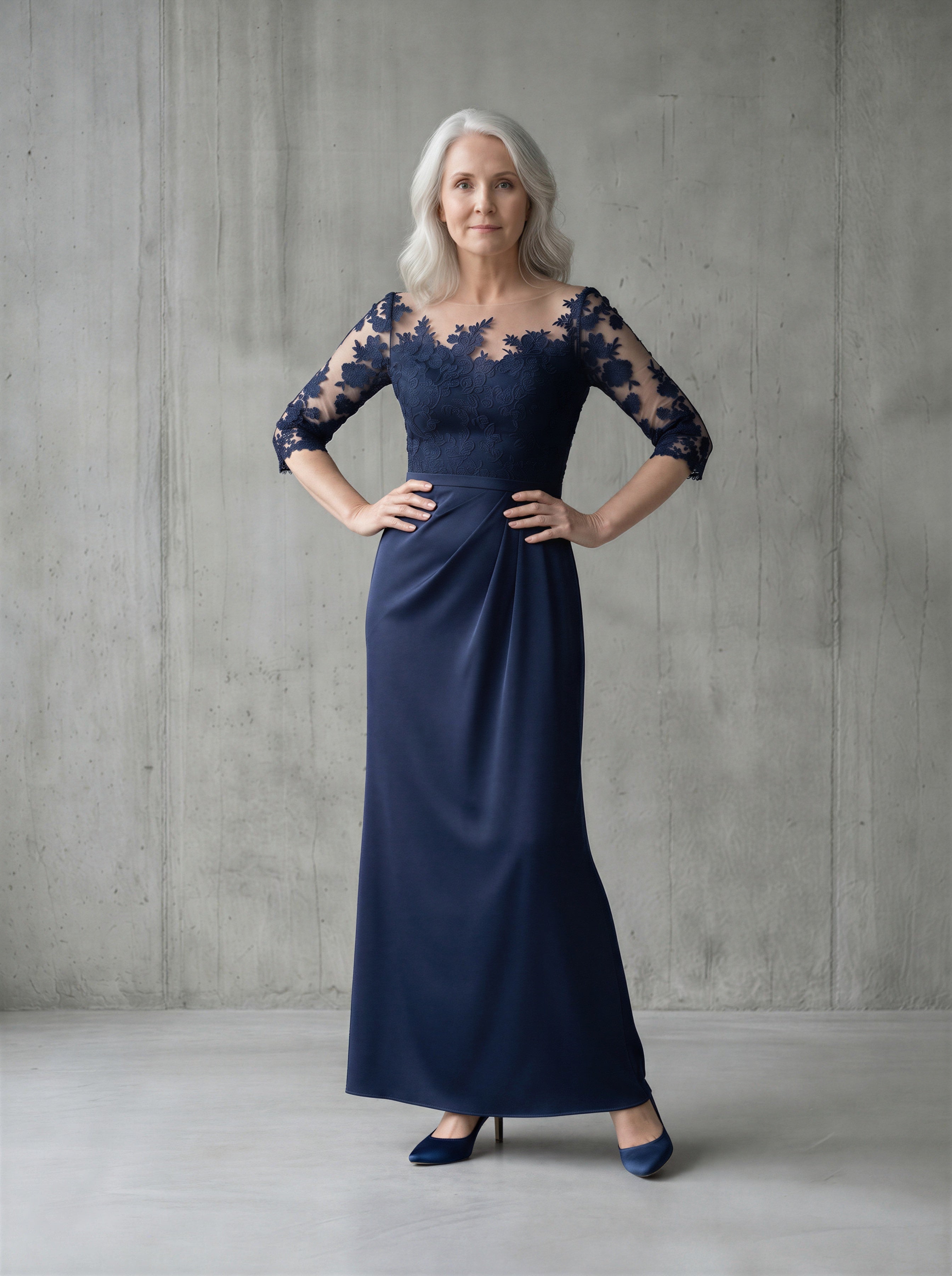Navy blue maxi pleated waistline mermaid mother of the bride/groom maxi dress-0
