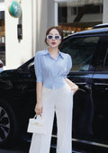 Cropped Poplin Cotton Shirt with Pleated Waist-0