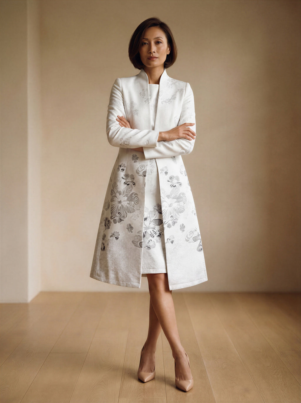 The silver jacquard mum dress and long coat suit-1