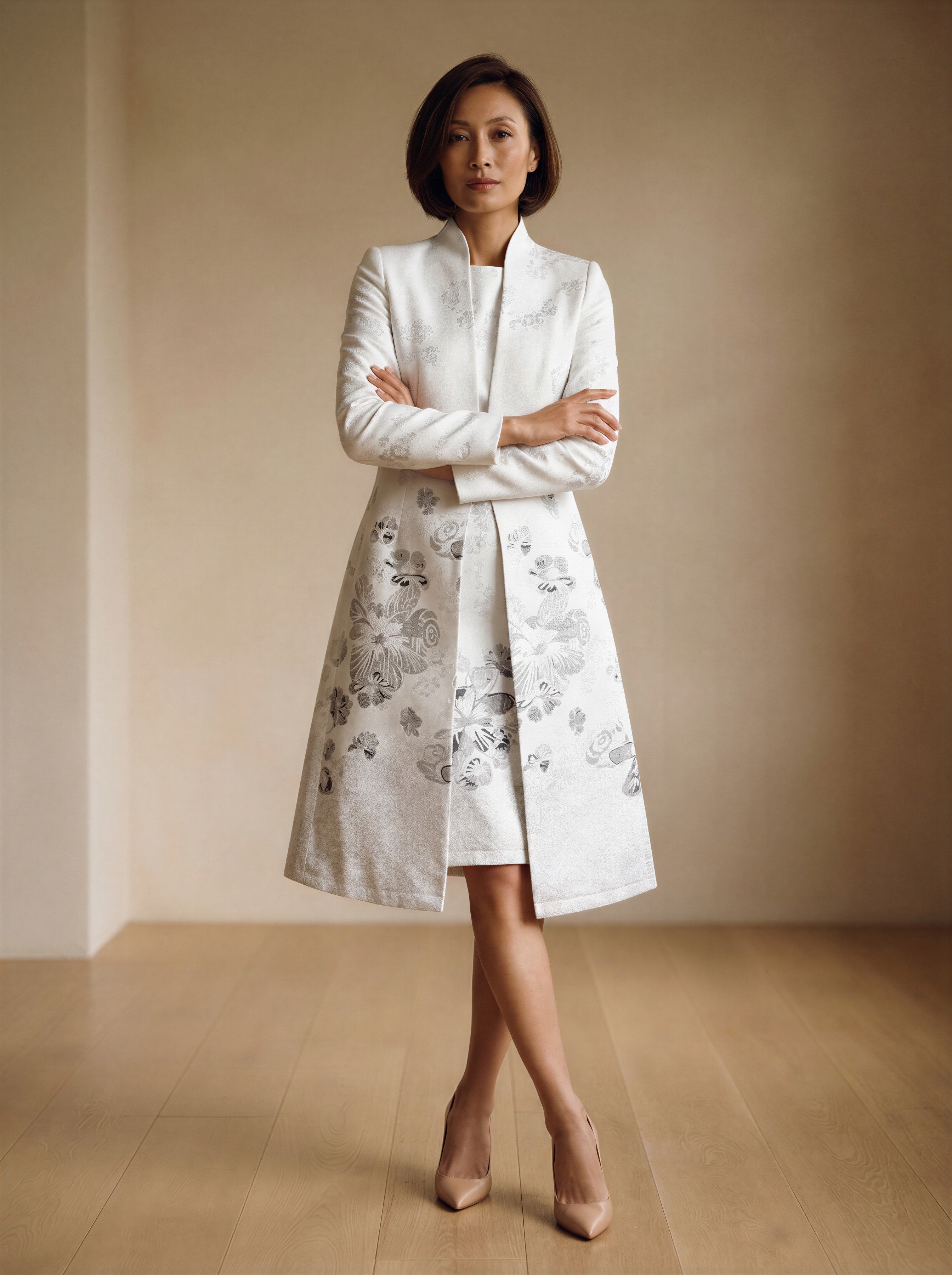 The silver jacquard mum dress and long coat suit-1