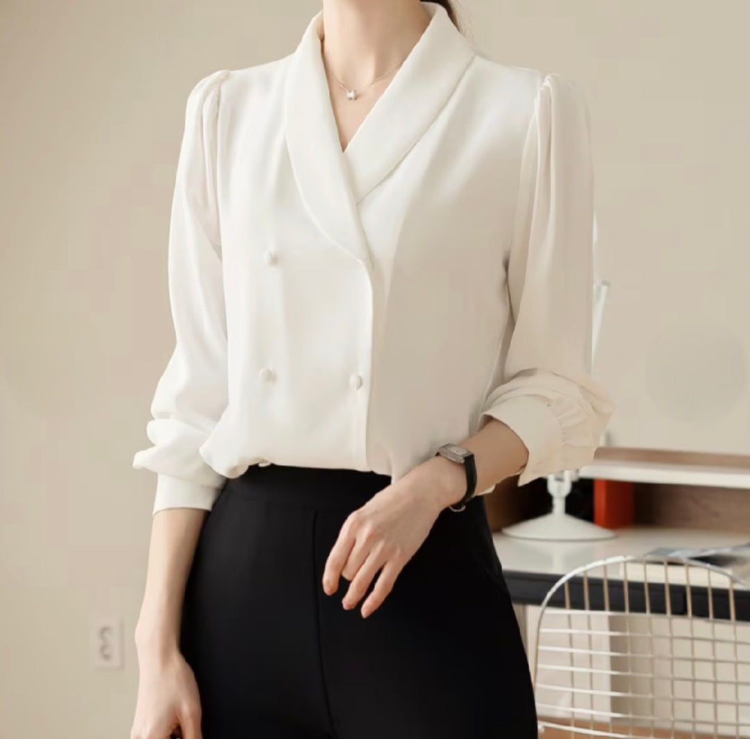 Shawl Collar Double-Breasted Formal Top with Puffed Sleeves-2