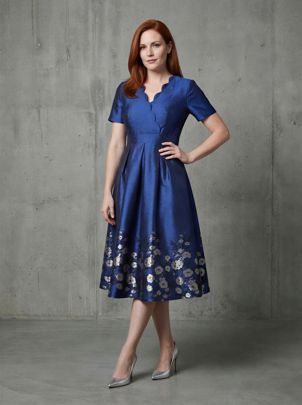 Blue short sleeves floral jacquard A-line mom dress-0