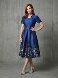Blue short sleeves floral jacquard A-line mom dress-0
