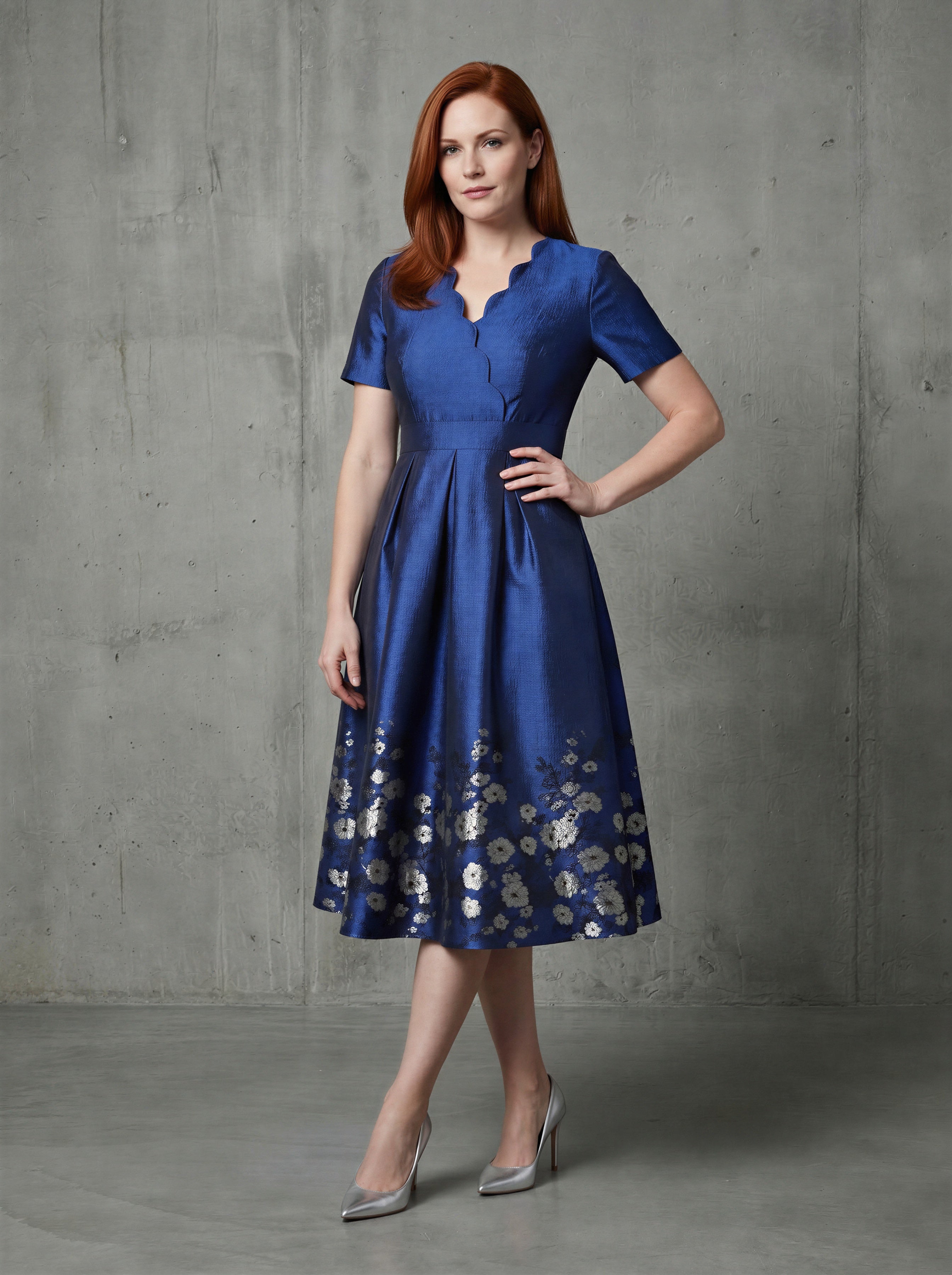 Blue short sleeves floral jacquard A-line mom dress-0
