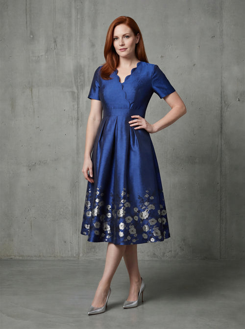 Blue short sleeves floral jacquard A-line mom dress-0