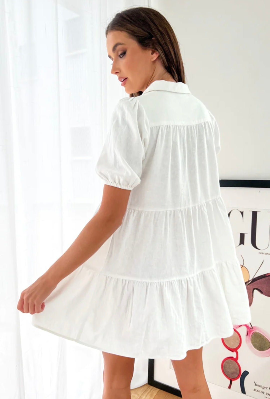 White Cotton Mini Buttoned Dress-3