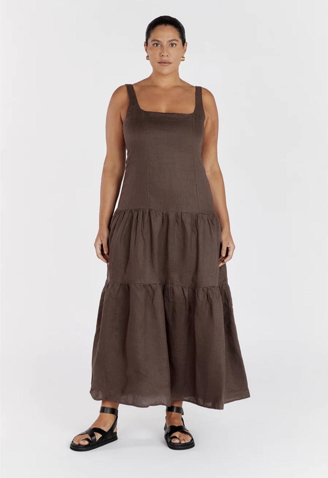 Brown Linen Tiered Dress (syncee)-3