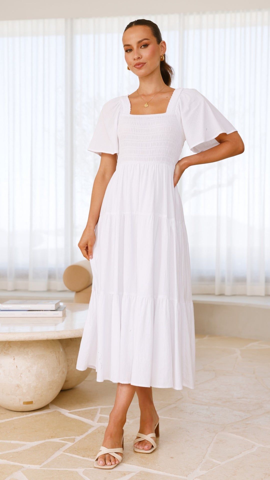 White Smocked Midi Dress-2