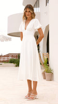 White Crepe Midi Dress with Puff Sleeves & V-Neckline (syncee)-0