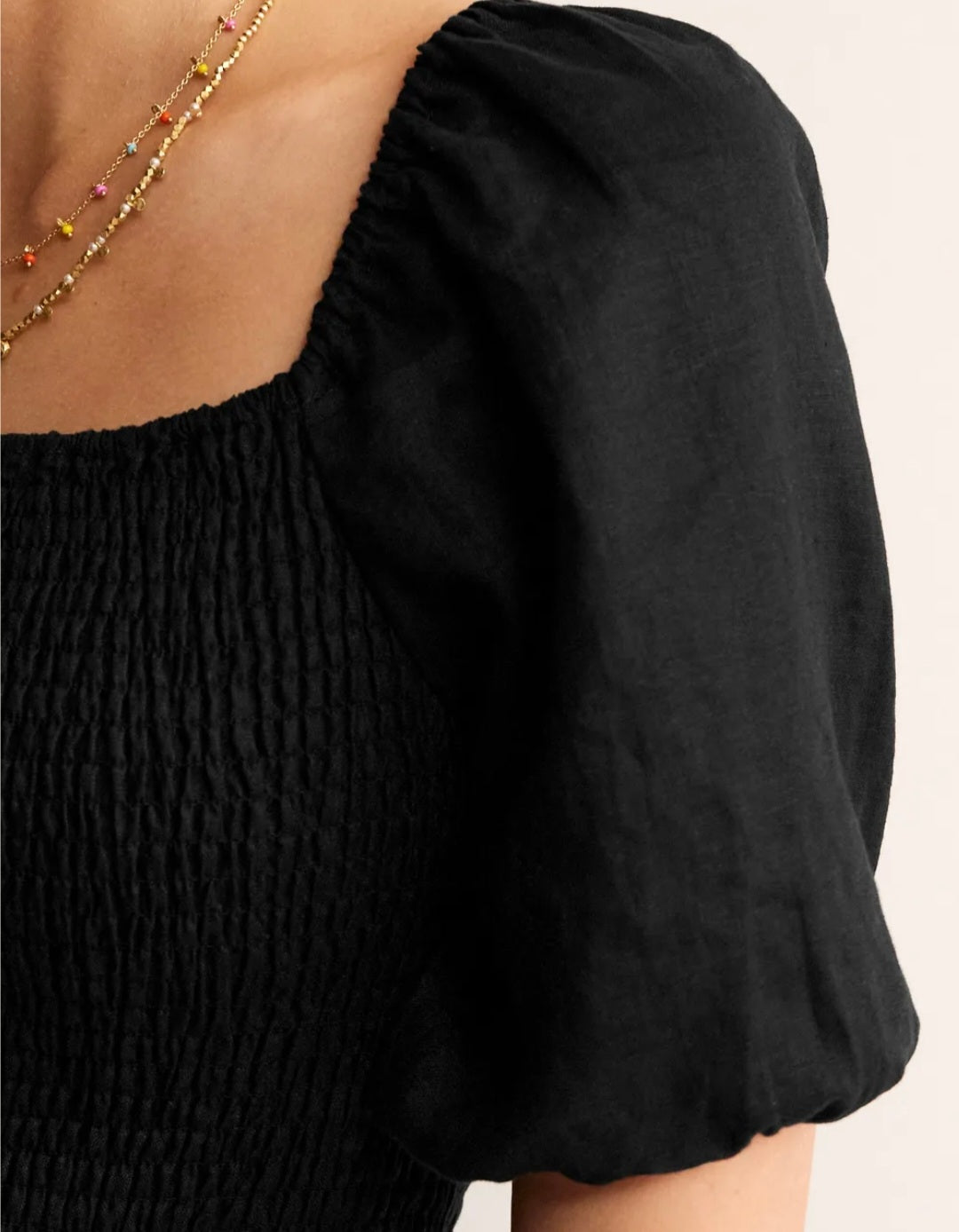 Black Linen Dress with Smock Design-2