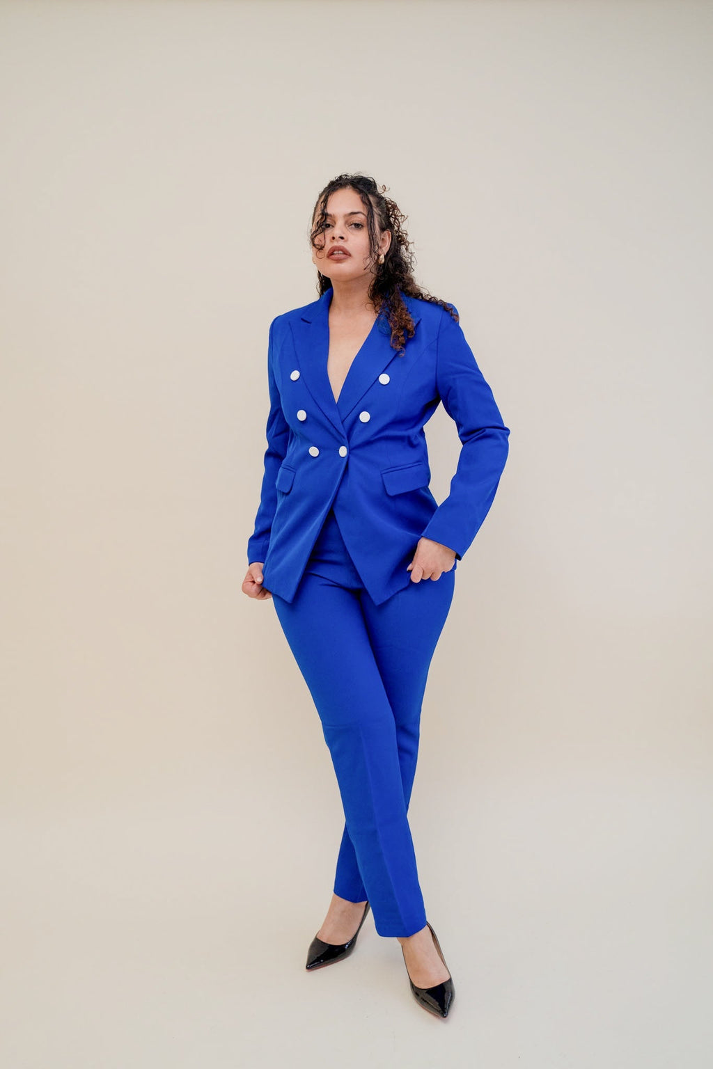 The royal-contrast double breasted pantsuit (UK size 12)-1