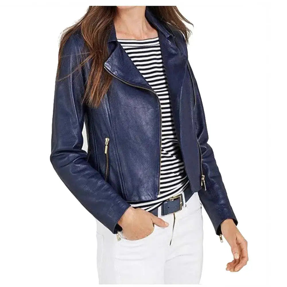 Women’s Ruth Langsford Blue Leather Biker Jacket-1