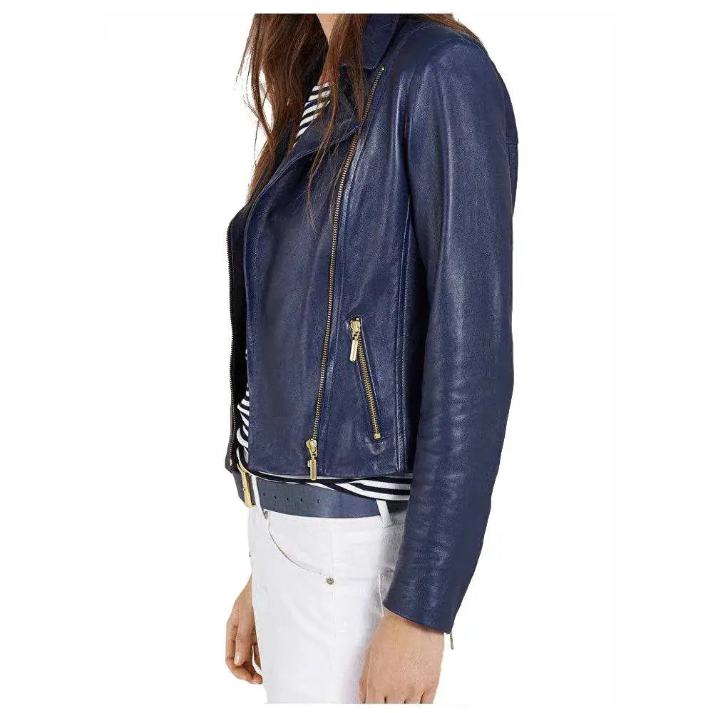 Women’s Ruth Langsford Blue Leather Biker Jacket-2