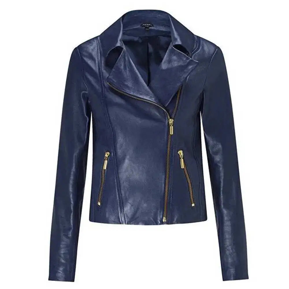 Women’s Ruth Langsford Blue Leather Biker Jacket-0