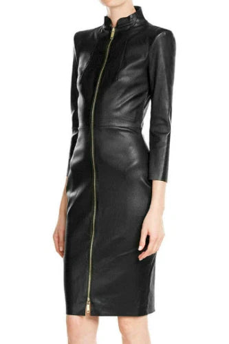 Women’s Slim Fit Short Black Leather Dress-0