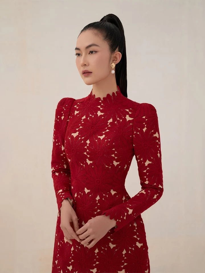 Short lace prom dress with padded long sleeves party overlay dress-4