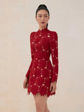 Short lace prom dress with padded long sleeves party overlay dress-0