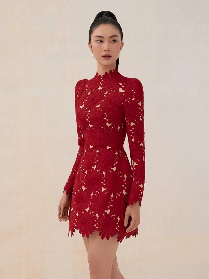 Short lace prom dress with padded long sleeves party overlay dress-0