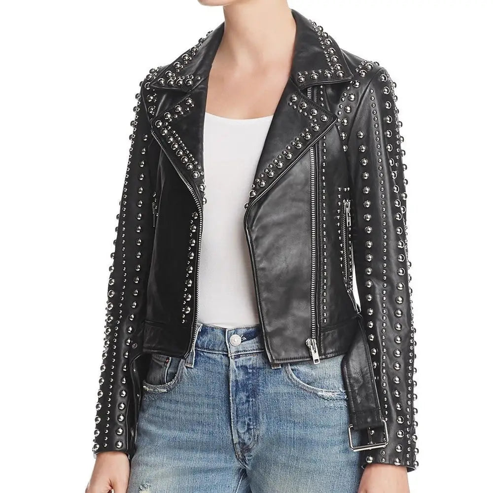 Women’s Silver Studded Punk Fashion Leather Jacket-0
