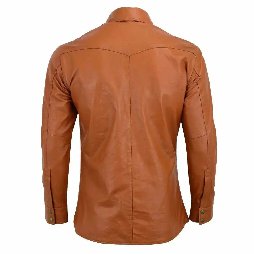 Men’s Slim Fit Tan Brown Leather Shirt-1