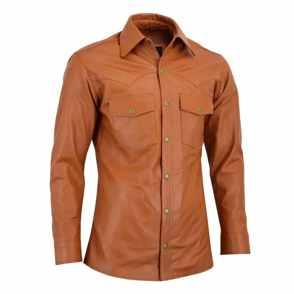 Men’s Slim Fit Tan Brown Leather Shirt-0