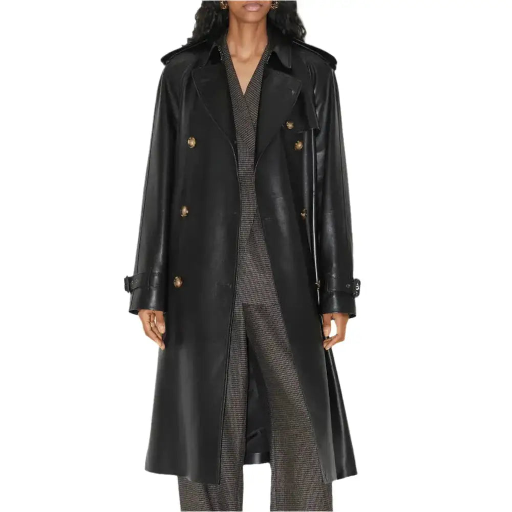 Women’s Statement Black Leather Trench Coat-0