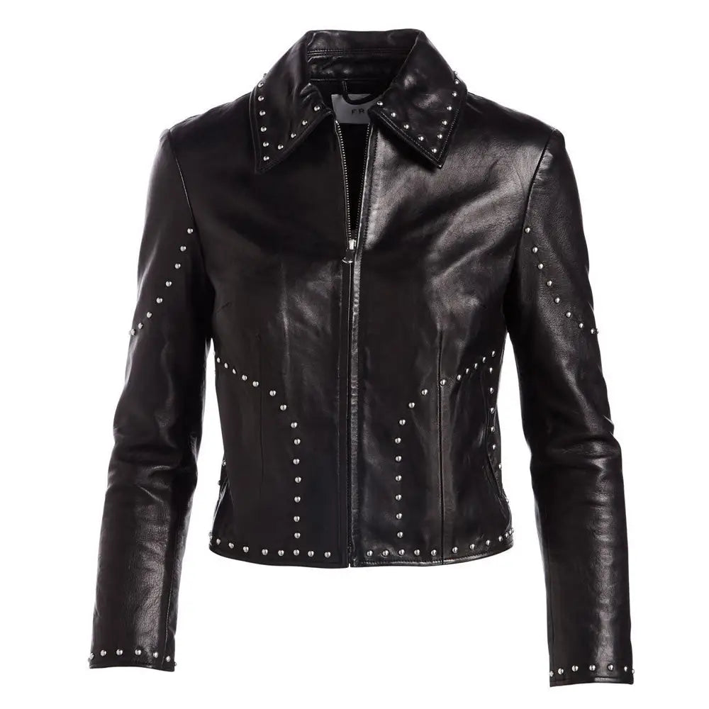 Women’s Cropped Studded Leather Biker Jacket-1