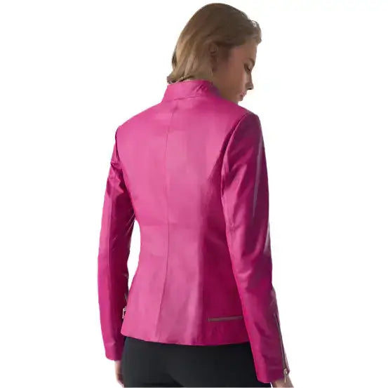 Women’s Stylish Fuchsia Leather Jacket – Zipper Hem Detail-1