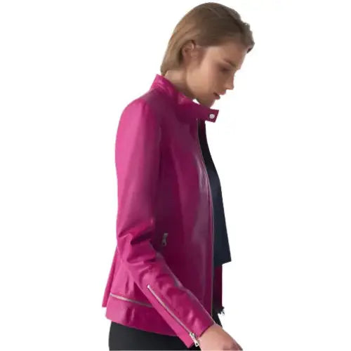 Women’s Stylish Fuchsia Leather Jacket – Zipper Hem Detail-2