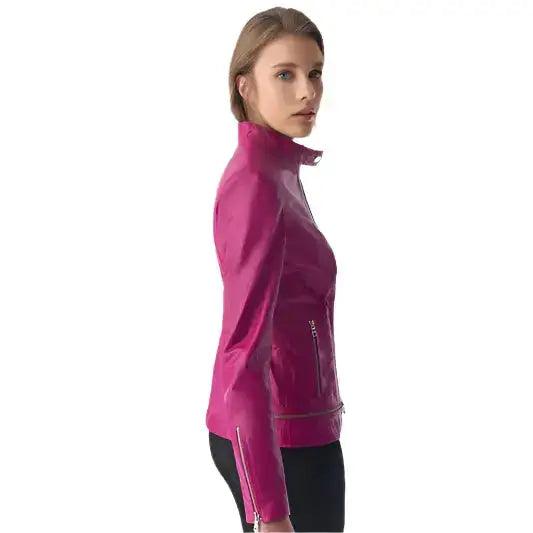 Women’s Stylish Fuchsia Leather Jacket – Zipper Hem Detail-4