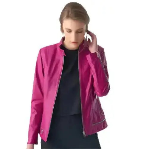 Women’s Stylish Fuchsia Leather Jacket – Zipper Hem Detail-3