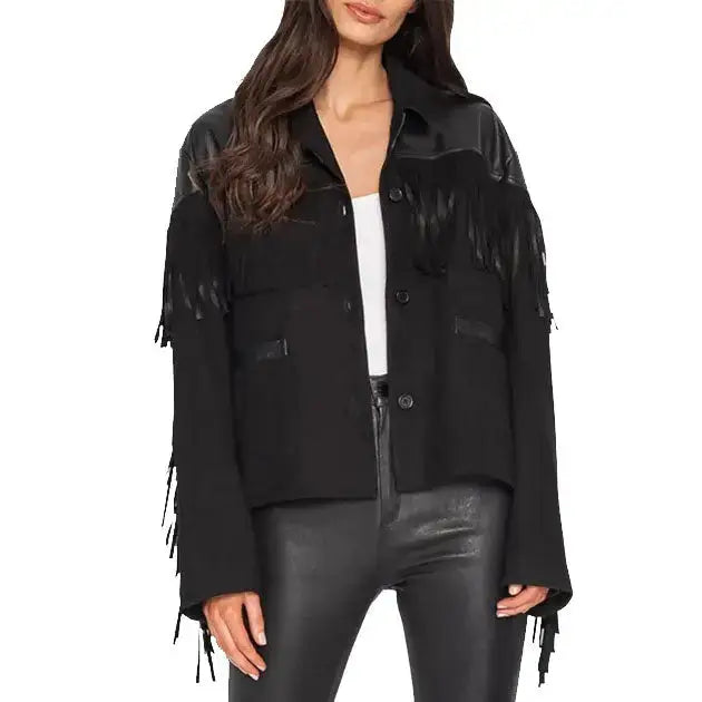 Women’s Suede Fringe Jacket with Leather Shoulders – Western Cowgirl Shirt-2